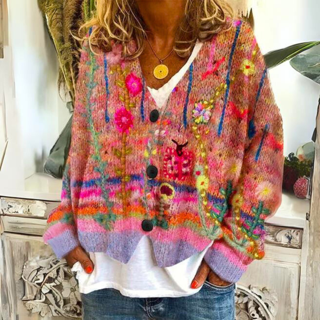 Ottilie Oversized Boho Floral V Neck Cardigan