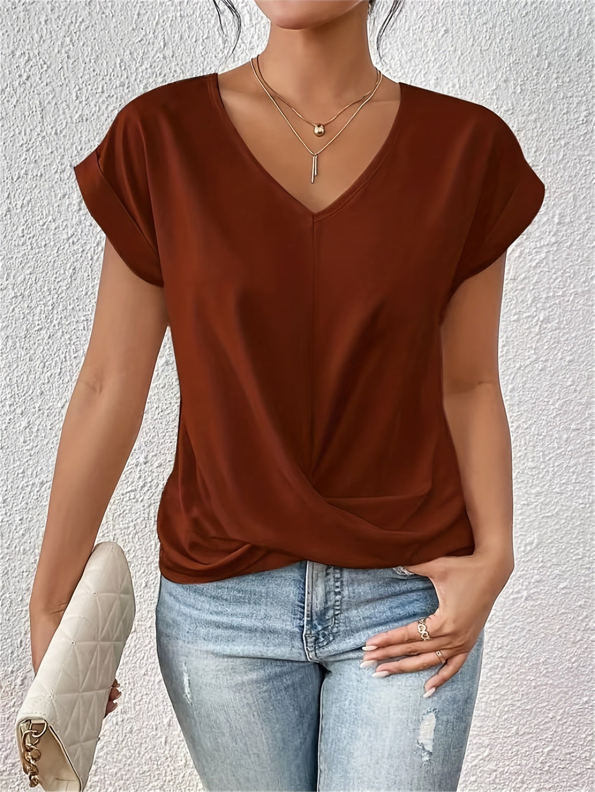Lucille Elegant Casual Twist V Neck Tee