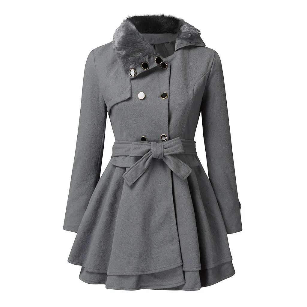 Ava Women's Double-Breasted Wool Peacoat with Fur Collar