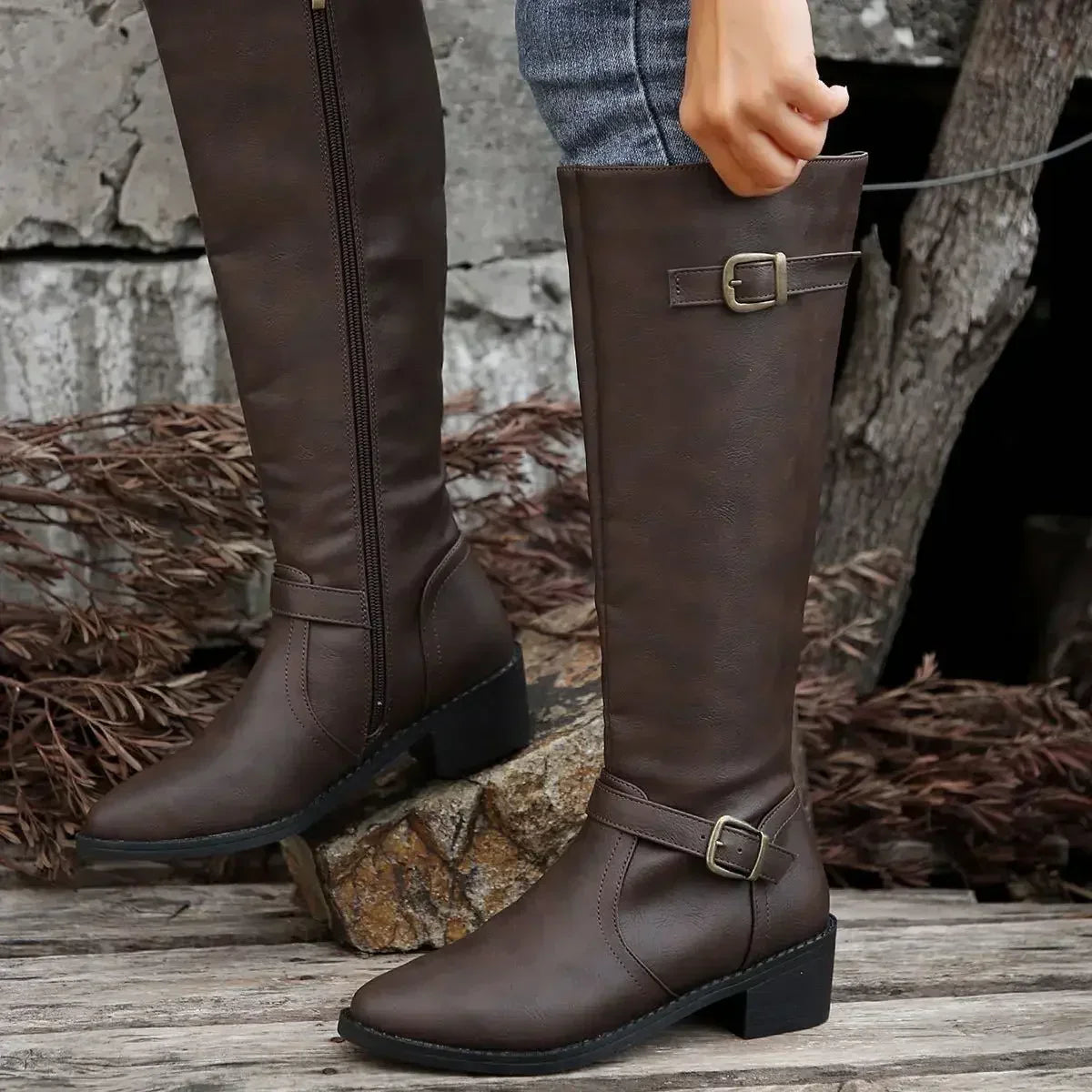 Marisol Women's Leather Buckle Knee High Riding Boots