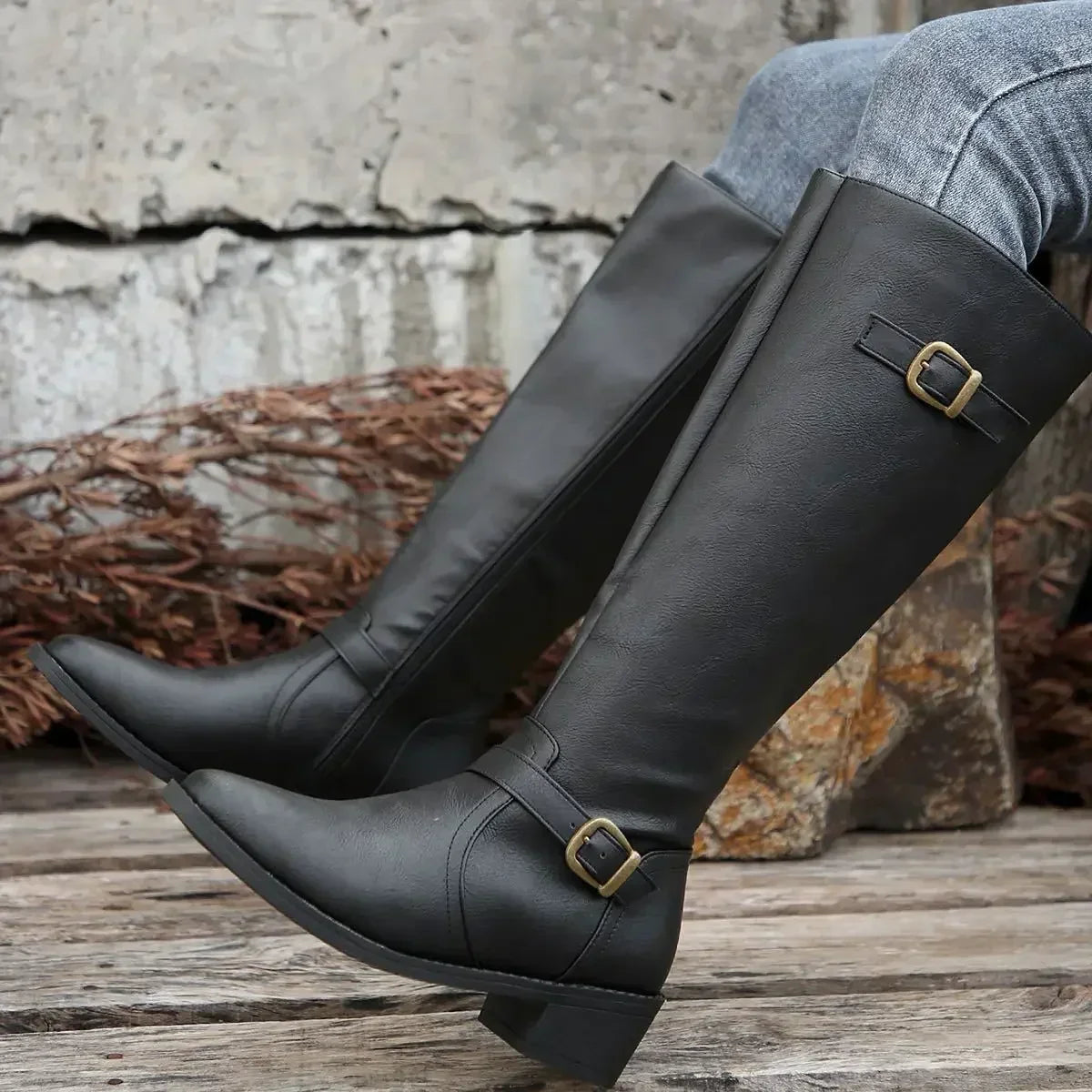 Marisol Women's Leather Buckle Knee High Riding Boots