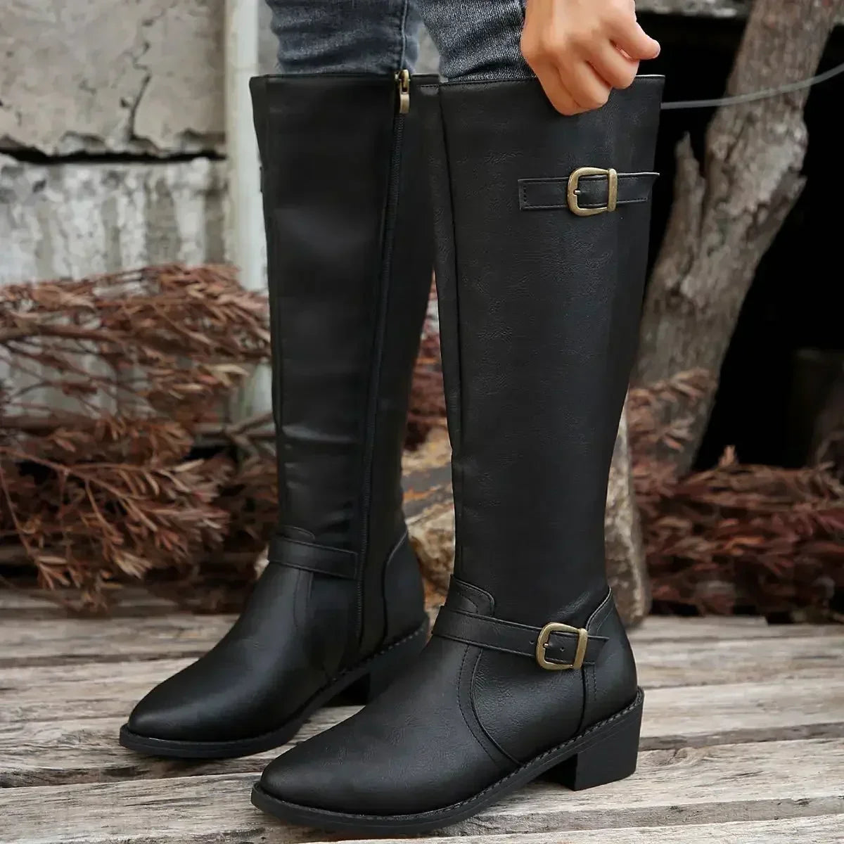 Marisol Women's Leather Buckle Knee High Riding Boots