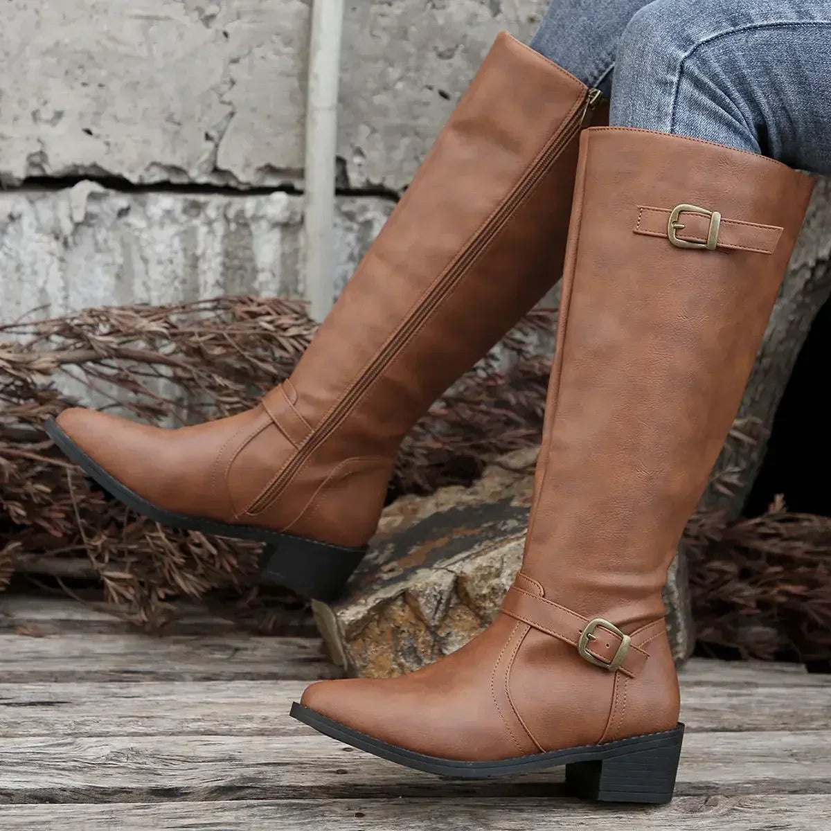 Marisol Women's Leather Buckle Knee High Riding Boots