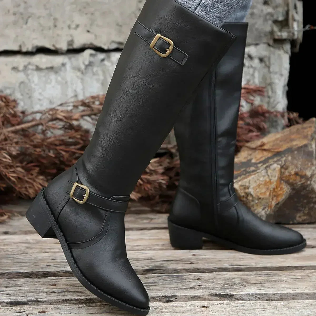 Marisol Women's Leather Buckle Knee High Riding Boots