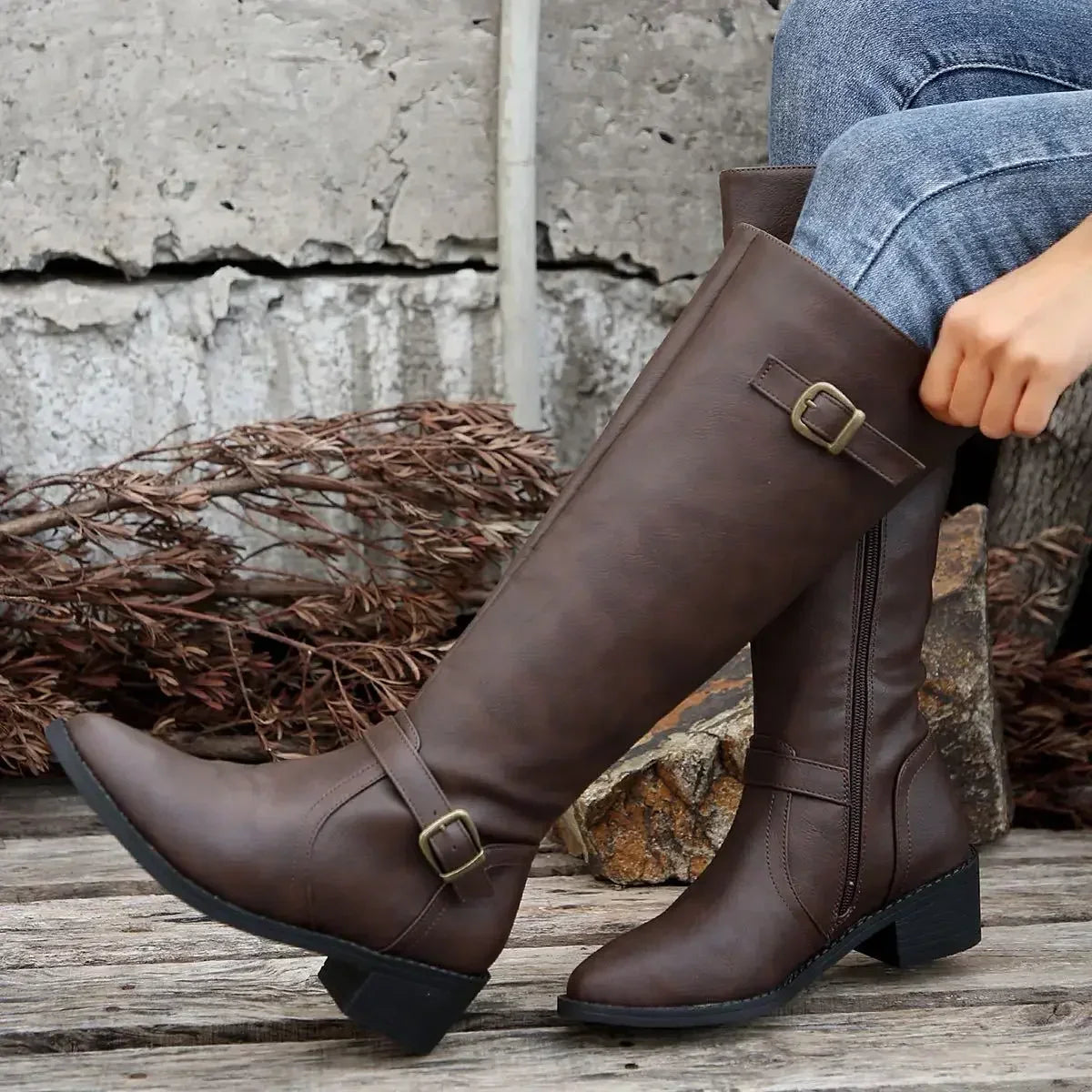 Marisol Women's Leather Buckle Knee High Riding Boots