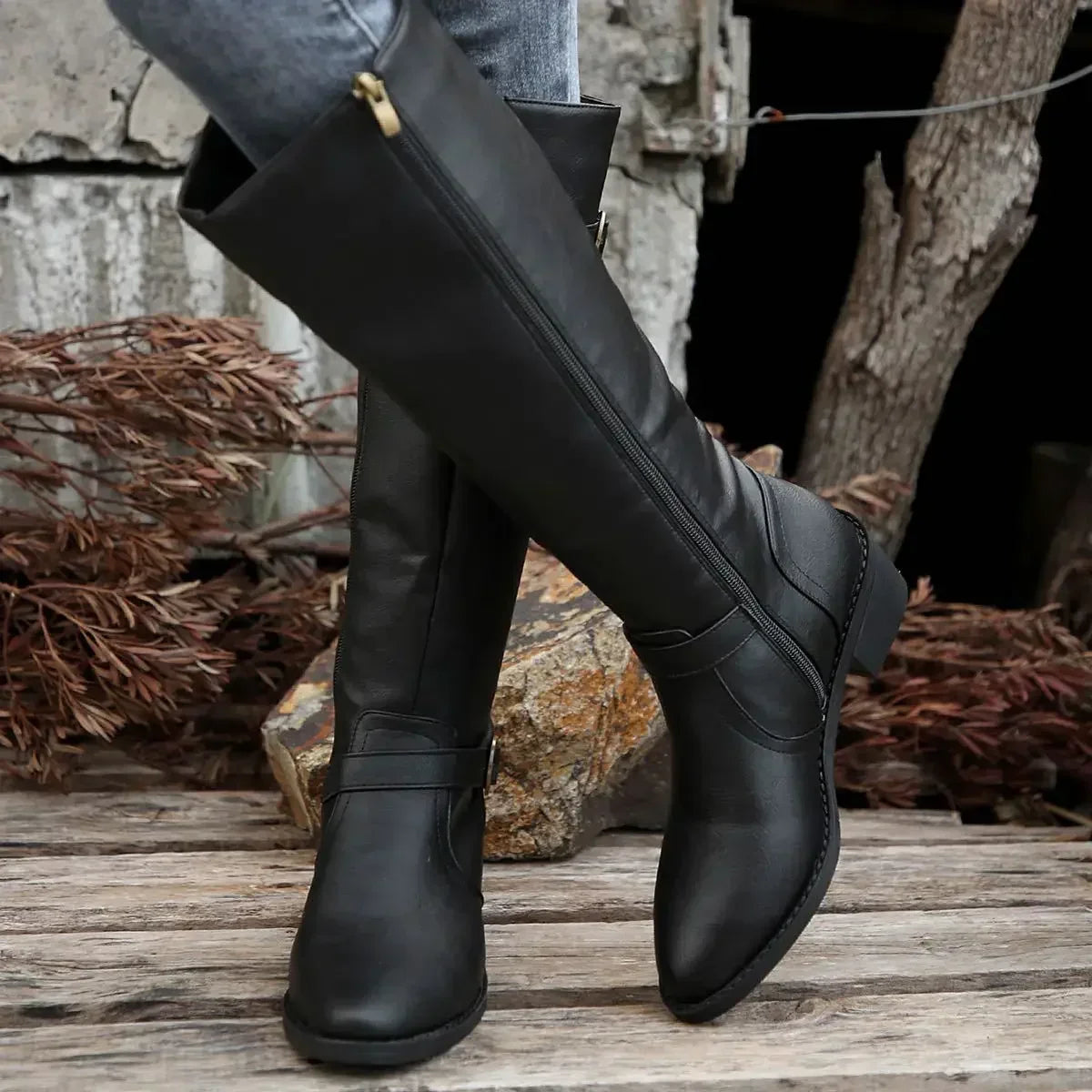 Marisol Women's Leather Buckle Knee High Riding Boots