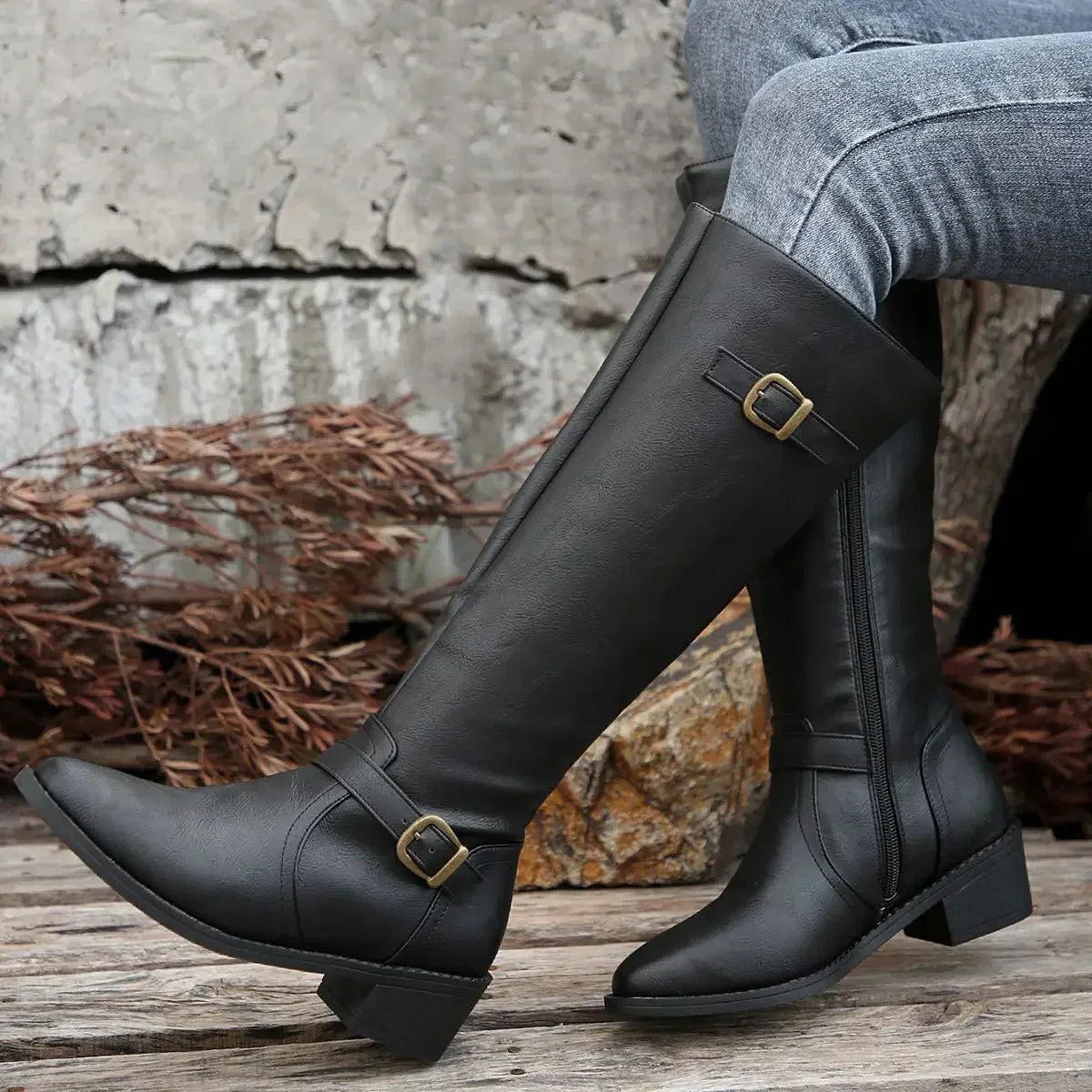 Marisol Women's Leather Buckle Knee High Riding Boots