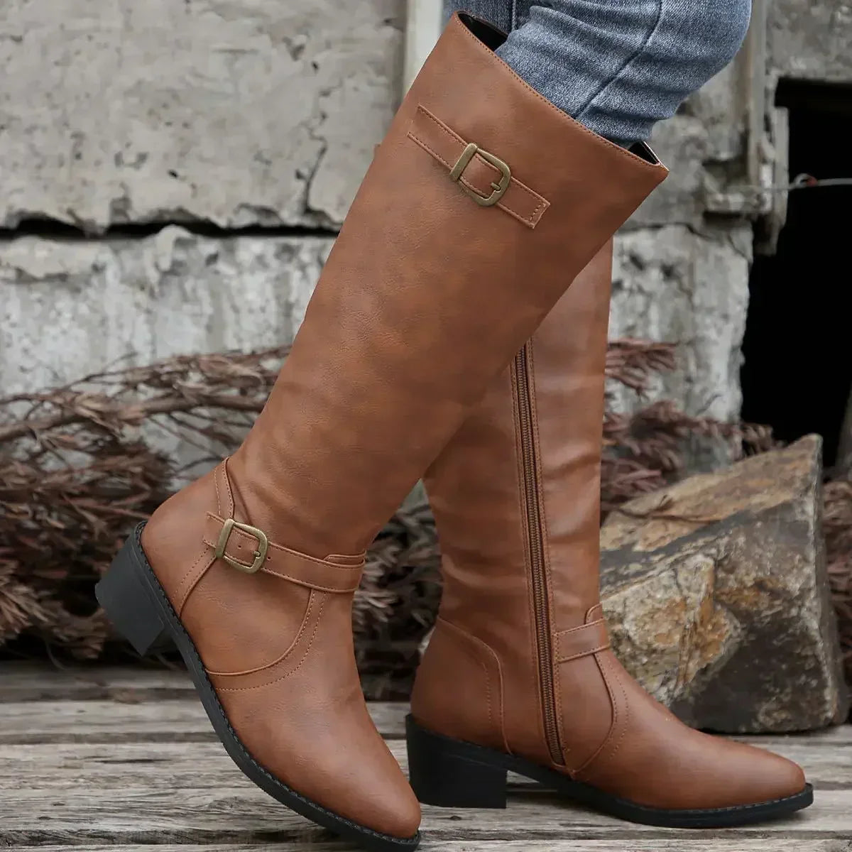 Marisol Women's Leather Buckle Knee High Riding Boots