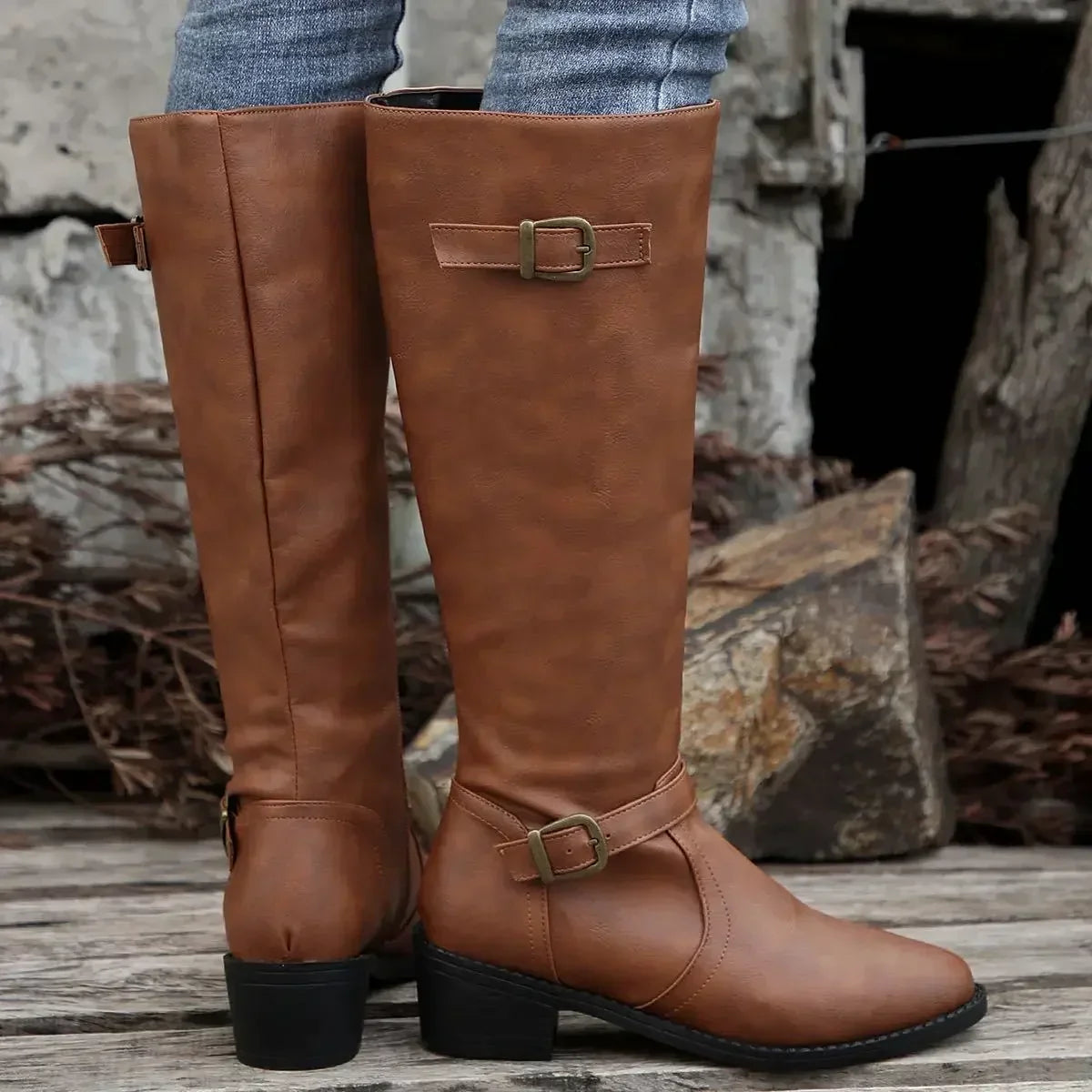 Marisol Women's Leather Buckle Knee High Riding Boots