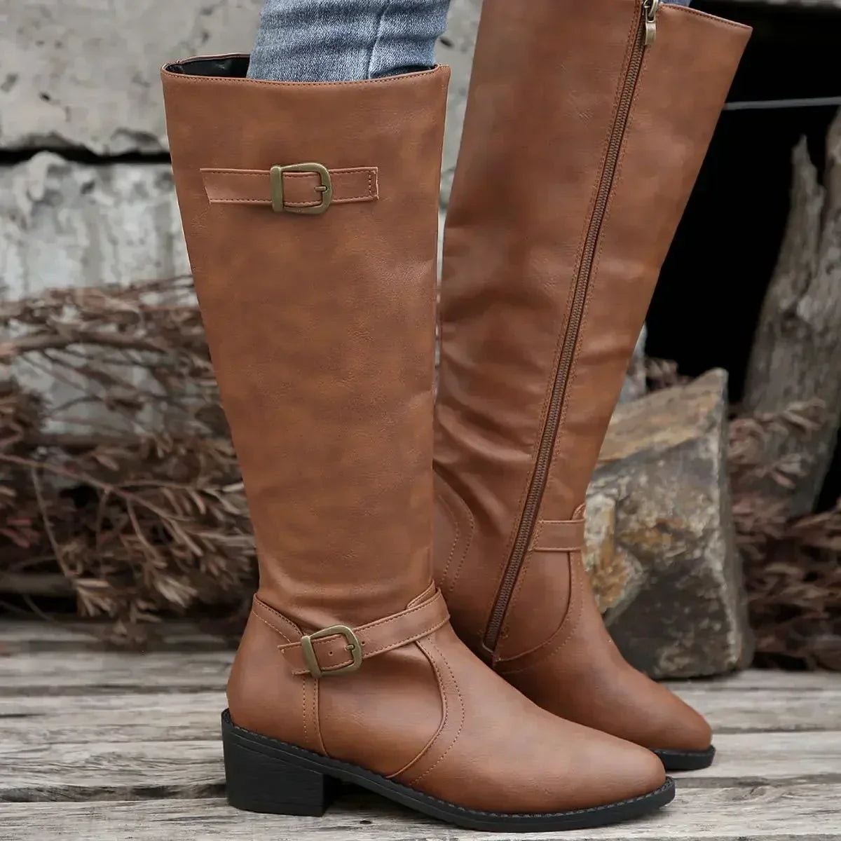Marisol Women's Leather Buckle Knee High Riding Boots