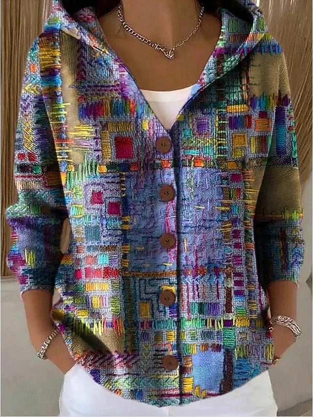 Jenna Women's Patchwork Print Colorful Hooded Cardigan