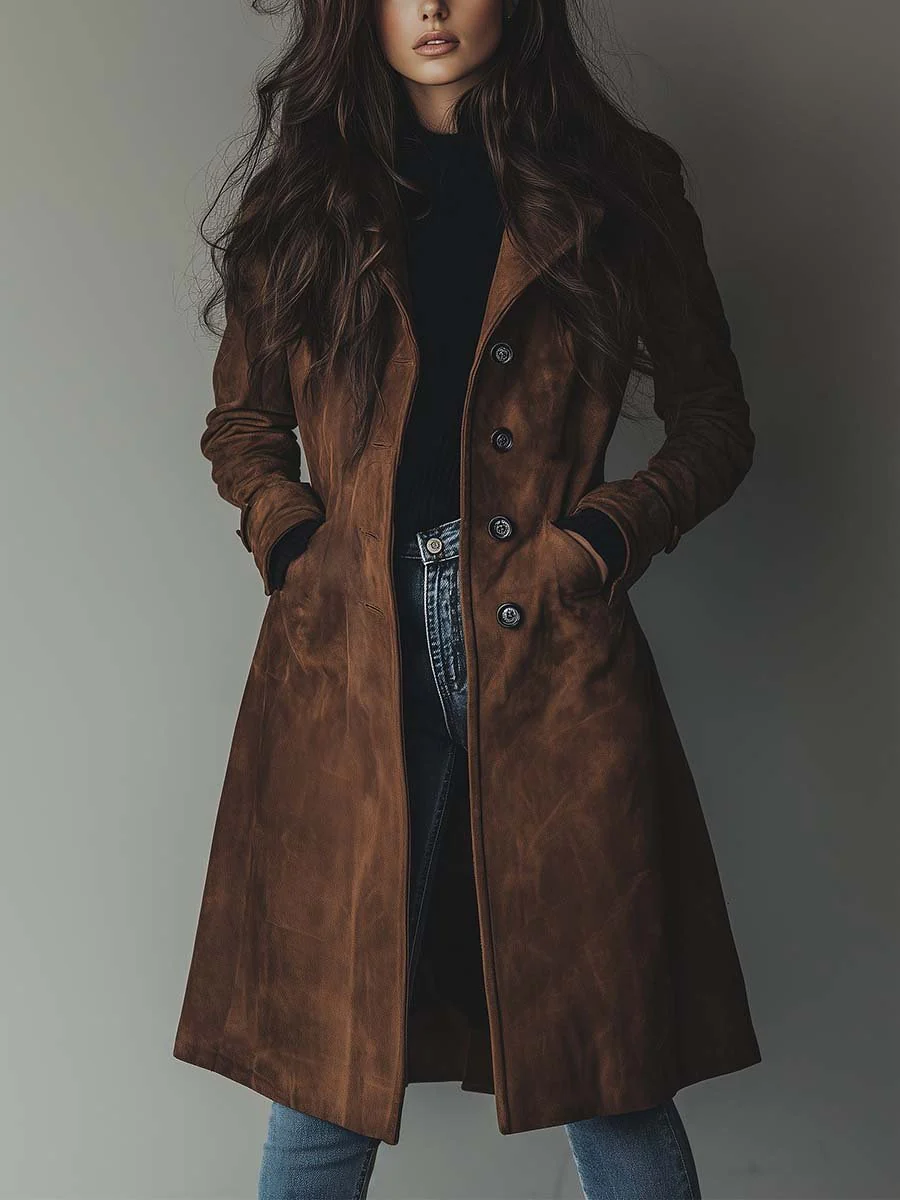 Talia Women's Longline Vintage Suede Trench Coat