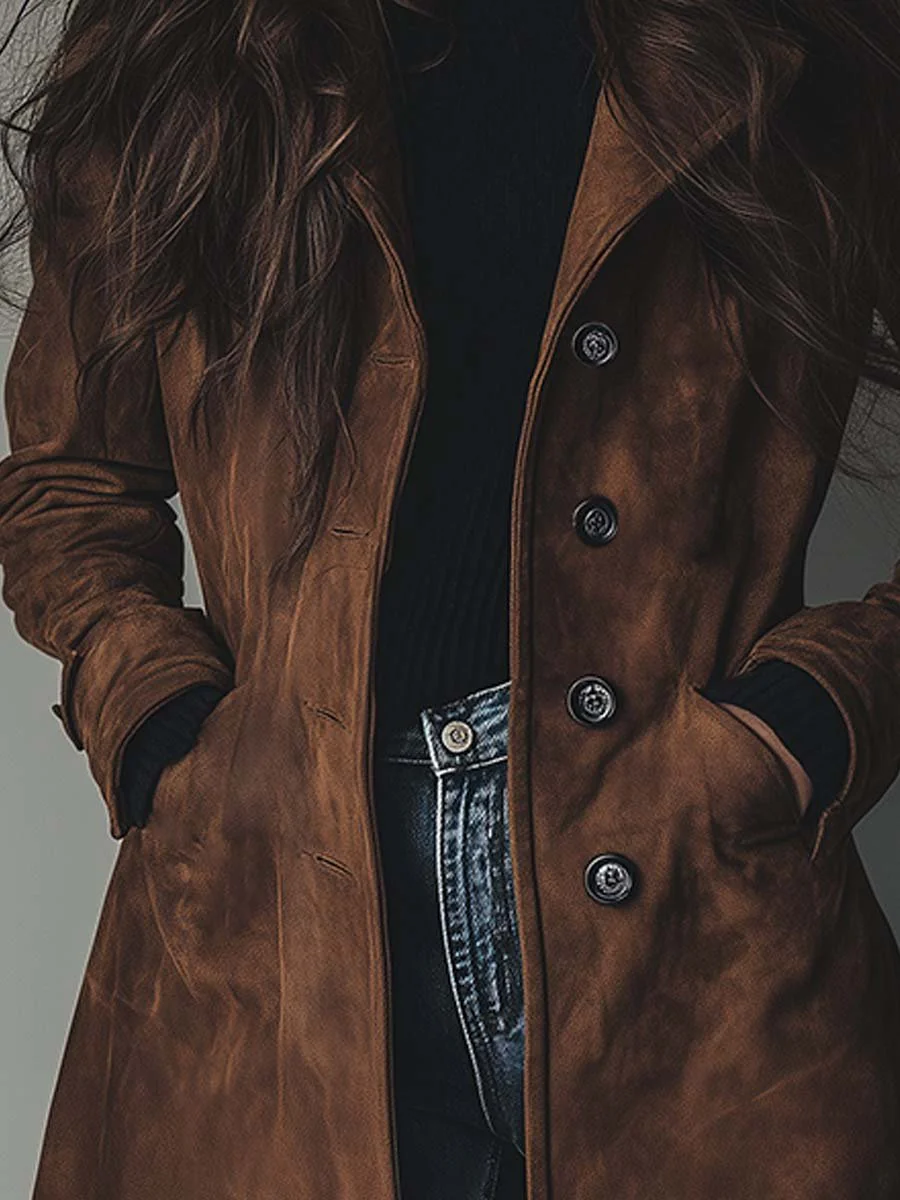Talia Women's Longline Vintage Suede Trench Coat