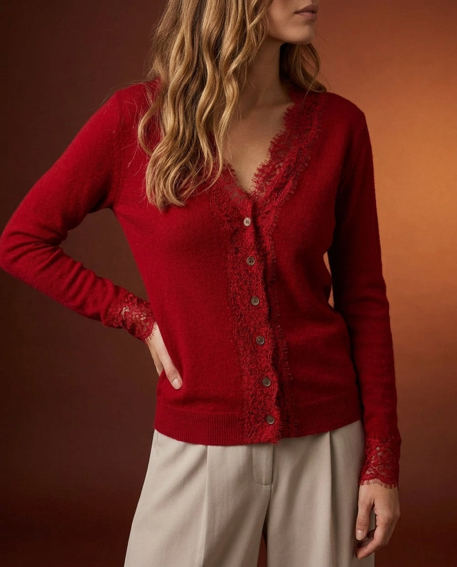 Larkspur Women's Lace Trim Cashmere Cardigan