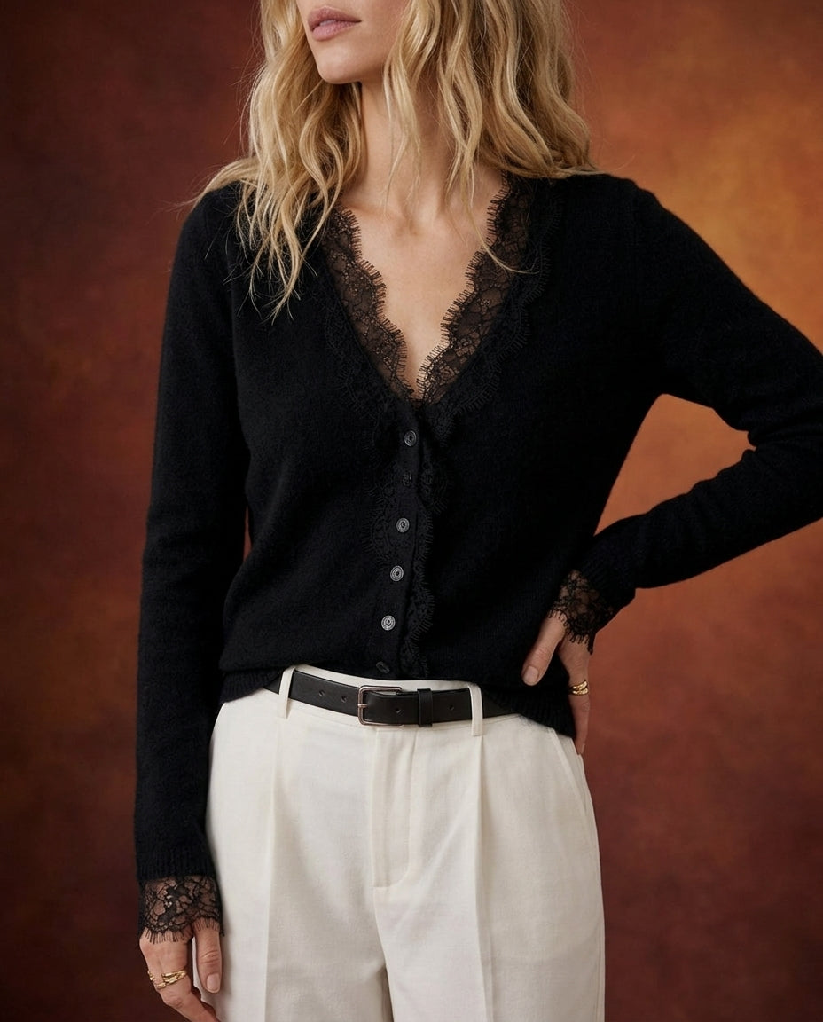 Larkspur Women's Lace Trim Cashmere Cardigan