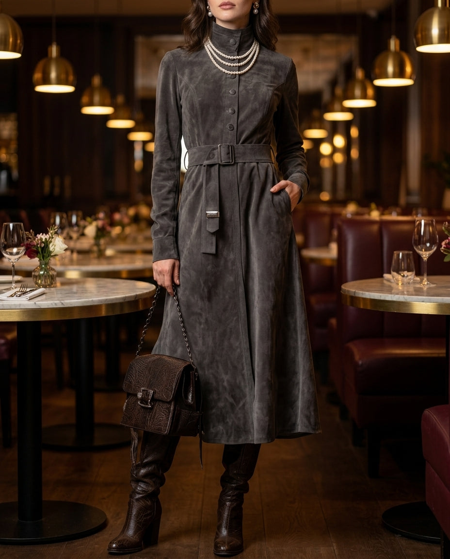 Cora Women's Suede Belted Midi Dress