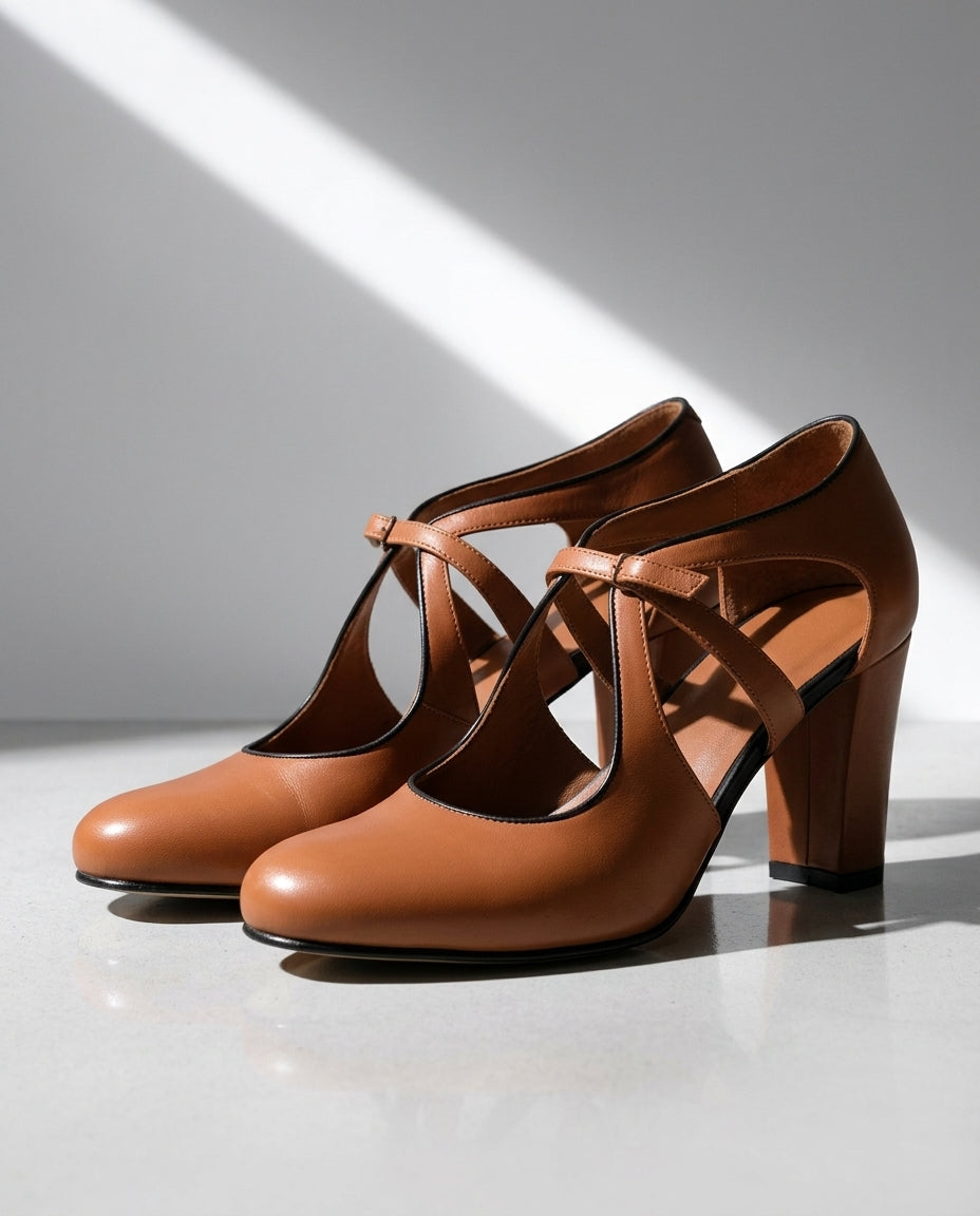 Sutton Elegant Cutout Leather Block Heel Pumps
