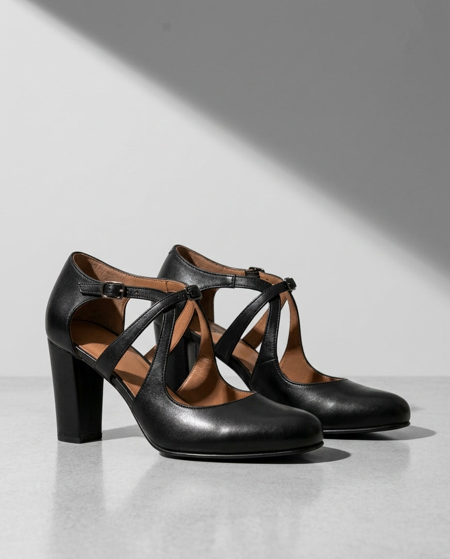 Sutton Elegant Cutout Leather Block Heel Pumps