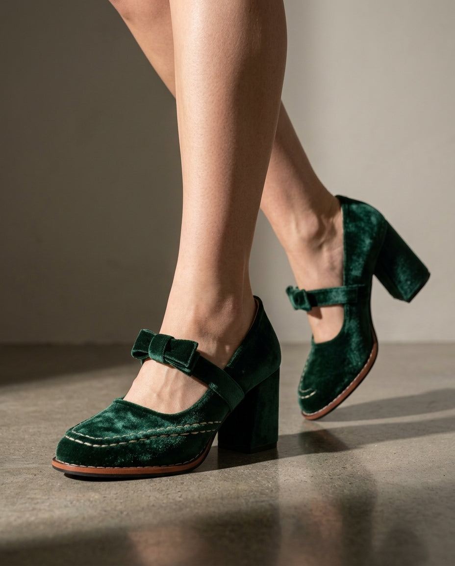 Whitney Women's Velvet Bow Mary Jane Heels