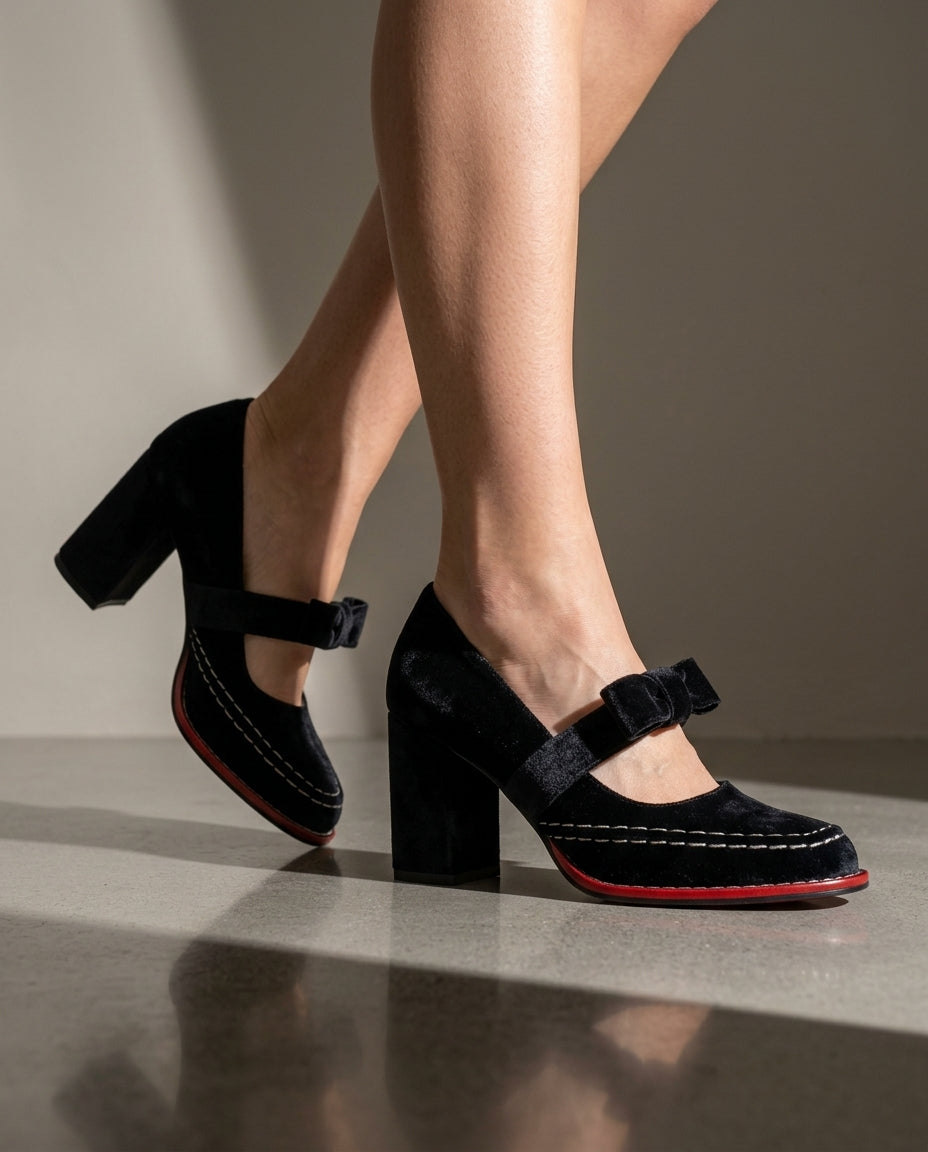 Whitney Women's Velvet Bow Mary Jane Heels