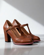 Adeline Women's Leather Brogue T-Strap Heels
