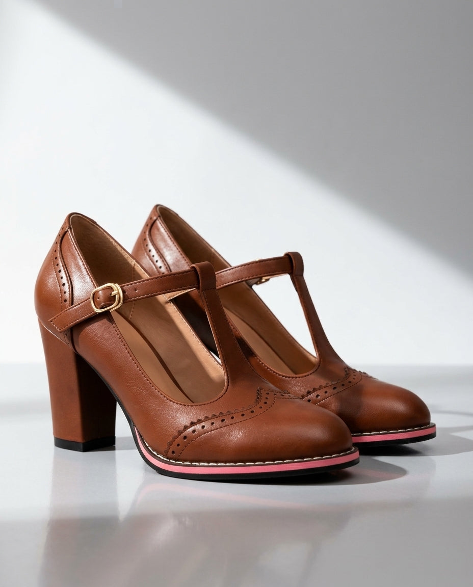 Adeline Women's Leather Brogue T-Strap Heels