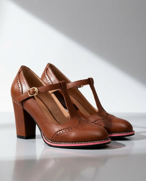 Adeline Women's Leather Brogue T-Strap Heels