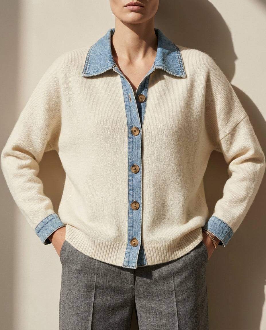 Sloane Women's Denim Trim Knit Cardigan Sweater