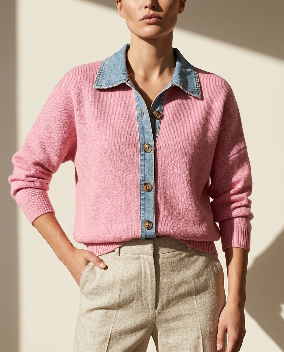 Sloane Women's Denim Trim Knit Cardigan Sweater