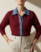 Sloane Women's Denim Trim Knit Cardigan Sweater