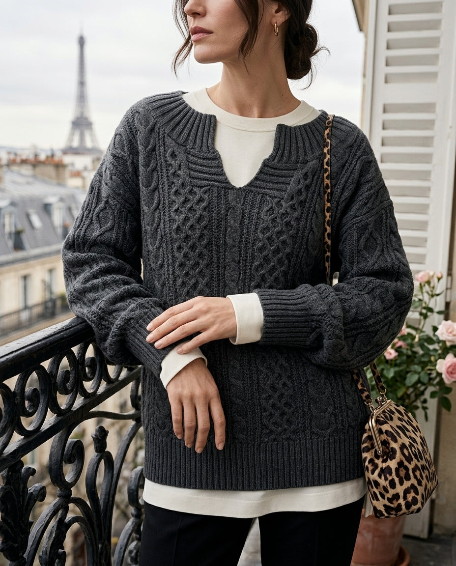 Collins Women's Oversized Cable Knit V Neck Sweater