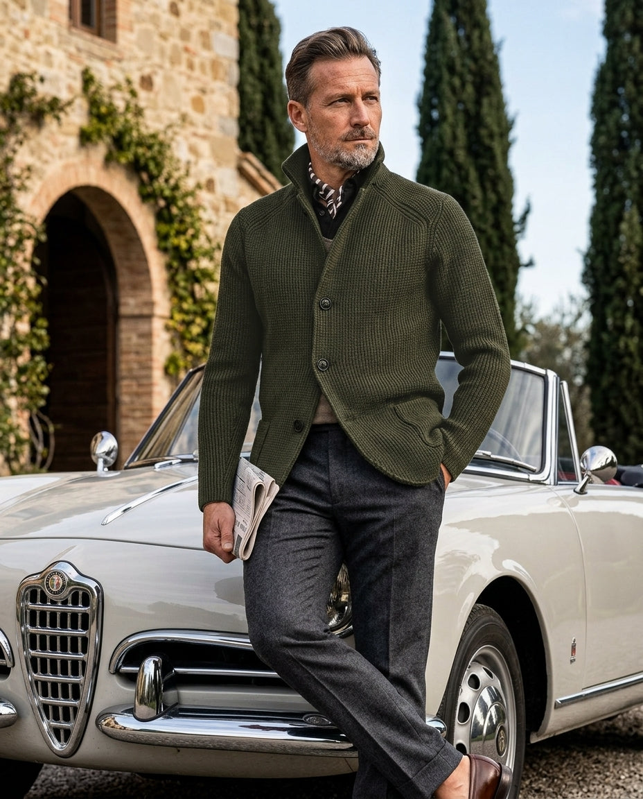 Calloway Men's Ribbed Knit Stand Collar Cardigan